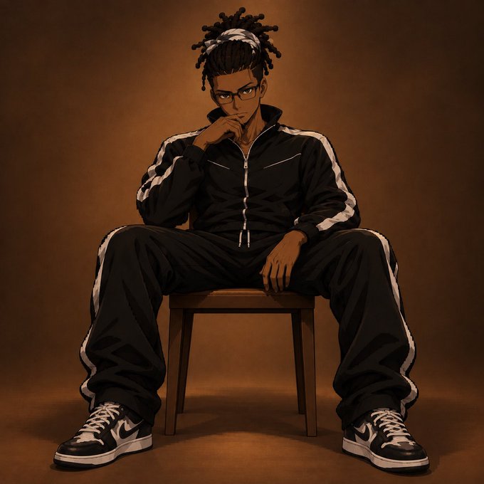 An anime-style digital illustration of a young man with dreadlocks and glasses, wearing a black and white tracksuit and black/white sneakers, sitting thoughtfully on a wooden chair against a brown backdrop.