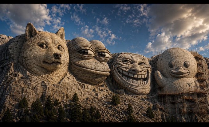 ersa, a large stone statue of a dog with eyes and a mouth, stands on the peak of Mount Rushmore, accompanied by other statues of animals against a backdrop of trees and clouds.