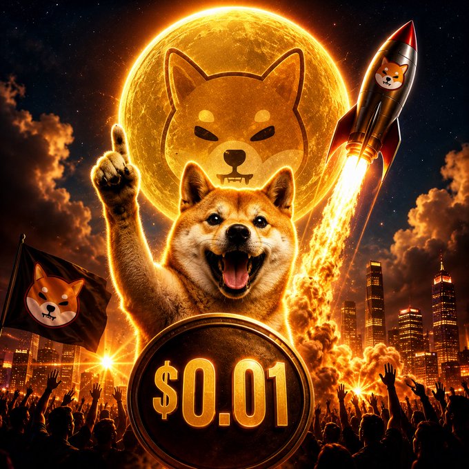 A stylized meme illustration features a Shiba Inu dog with a rocket launching behind it, a glowing moon, and a large coin displaying '$0.01'.