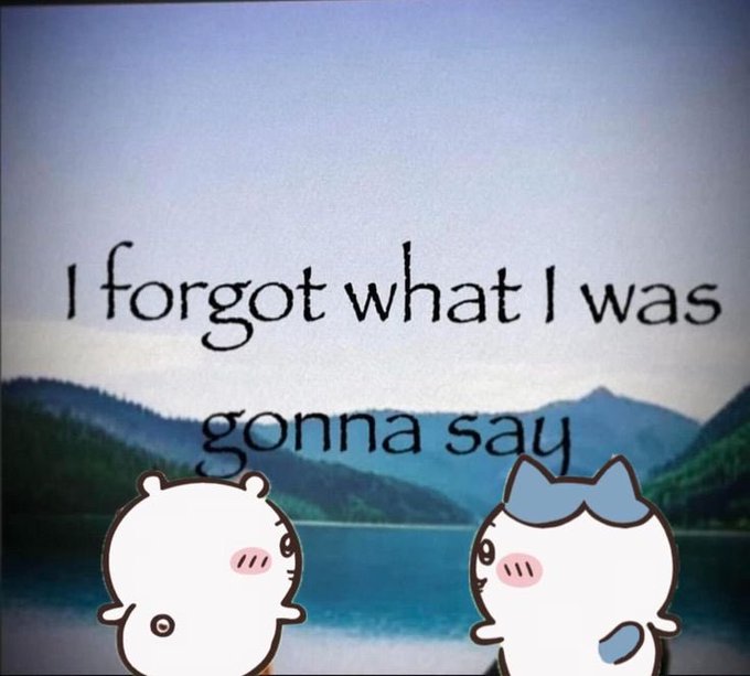 Two cute cartoon characters with the text "I forgot what I was gonna say" overlaid on a lake and mountain landscape.