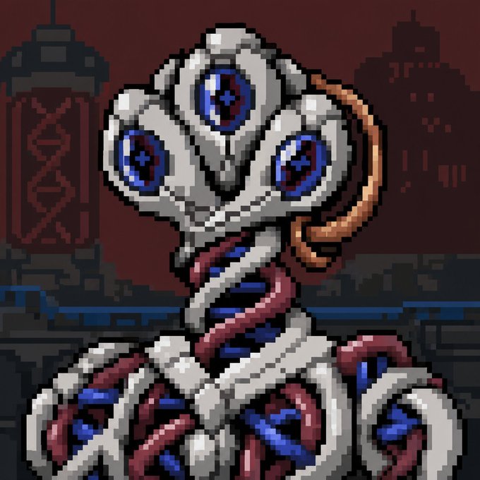A pixel art image features a biomechanical, rosette-like entity with three glowing blue eyes and metallic tendrils, set against a dark dystopian cityscape with a DNA helix structure on the left. The surreal, sci-fi artwork complements the post promoting a giveaway for whitelist (WL) spots in collaboration with the Alterhood NFT project.