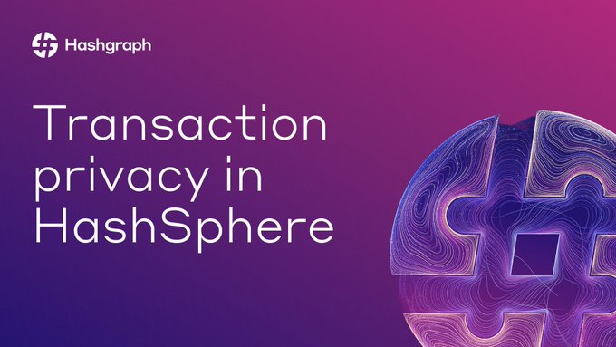 A promotional graphic with a purple and pink gradient background features the Hashgraph logo in the top left corner and a stylized, iridescent puzzle-piece-like emblem on the right. Large white text reads "Transaction privacy in HashSphere," highlighting the platform's focus on confidential settlement workflows.