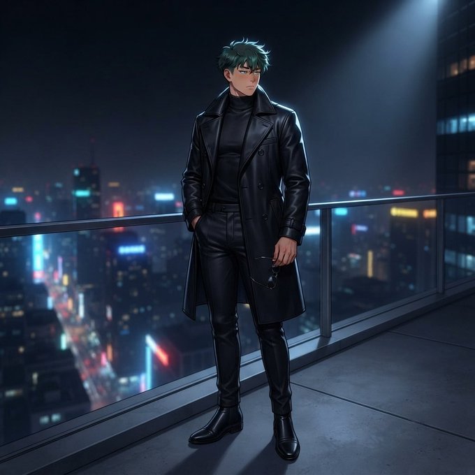 Anime-style illustration of a green-haired man in a long black leather coat standing on a balcony overlooking a glowing nighttime cityscape.