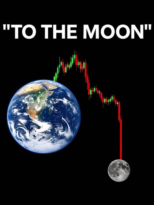 A meme with the text 'TO THE MOON' above a candlestick chart that rises from the moon, peaks near Earth, and crashes back down, illustrating a failed price surge.