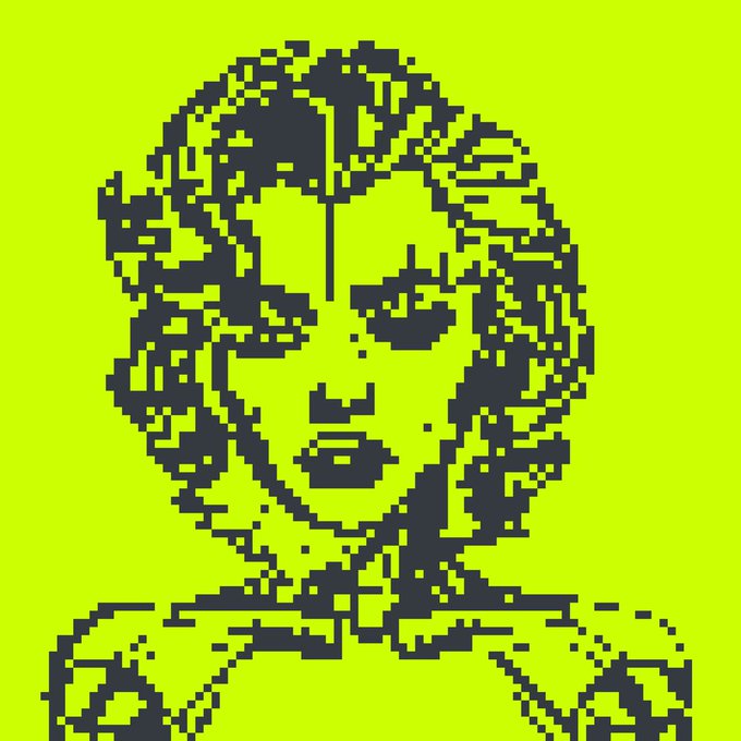 A pixelated, high-contrast portrait of a person with curly hair in yellow and dark blue/black tones.