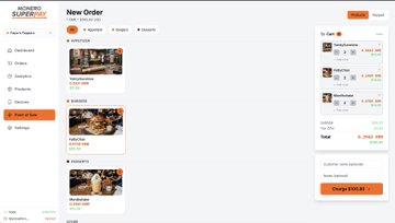 The image shows an overview of a payment terminal designed for a restaurant or food business. There are two screens in the foreground displaying different types of food options, which could represent menus, pricing information, or other relevant details. The text on these screens indicates that the payment terminal offers New Order and other menu items with varying prices, such as $2.50, $5, and $12.99 (or possibly hundreds), depending on the context. Additionally, there are options for accepting payments via credit card and PayPal, with a drop-down menu showing different choices to facilitate transactions. Overall, this payment terminal appears to be well-organized and user-friendly, catering to various customer needs related to food ordering and payment processing at restaurants or similar establishments.