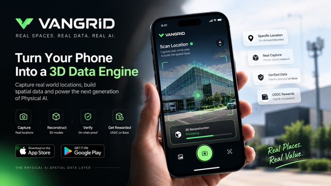 An advertisement for 'VANGRID' app featuring the tagline 'Turn Your Phone Into a 3D Data Engine' and a phone showing a location scan interface.