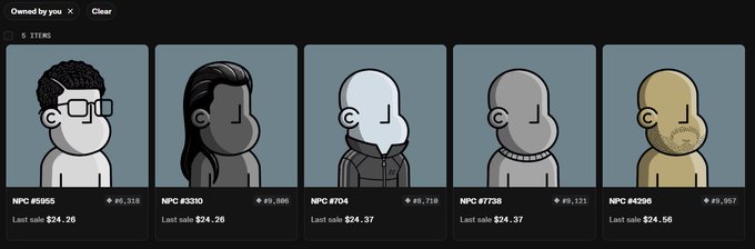 A digital marketplace interface displaying a row of five NFT character avatars with item numbers such as 'NPC #5055' and 'NPC #8330', each showing a point balance and last sale price around ¥8,318 to ¥9,121.