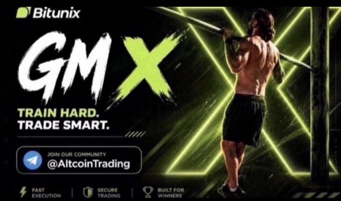 A promotional advertisement for 'Bitunix' cryptocurrency exchange featuring 'GMX', the slogans 'TRAIN HARD. TRADE SMART.' and 'JOIN OUR COMMUNITY @AltcoinTrading', alongside an image of a shirtless man lifting weights.
