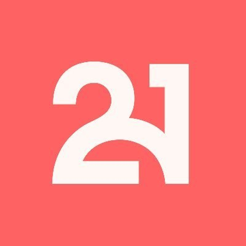 The graphic displays a large white "21" logo on a coral/red square background, representing 21Shares, the issuer of the XDCN staking ETP mentioned in the post. The image serves as a brand identifier paired with news about the product's strong monthly performance.