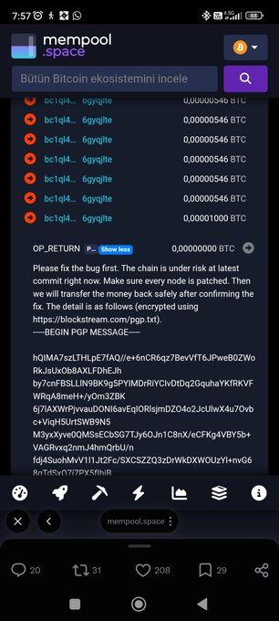 A screenshot of the mempool.space mobile website displays Bitcoin transactions (bc1q4...6gvqite) and a threatening OP_RETURN message demanding a bug fix and money transfer via a PGP-encrypted message.