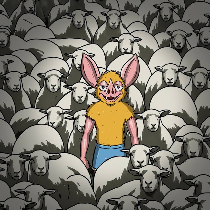 A bat-like creature in tattered yellow fur and jeans stands out as the odd one in a crowd of identical sheep. The image humorously captures the "hoodrat spotted" sentiment—isolating someone who looks completely out of place among a herd of conformity.