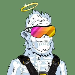 An illustrated white ape or yeti character wearing reflective ski goggles, a black harness, and a halo against a black background.