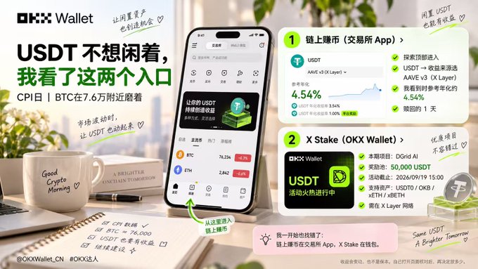 The image is a promotional graphic for OKX Wallet featuring a smartphone displaying the OKX app interface, highlighting two ways to put idle USDT to work: (1) On-chain coin listing on the exchange app showing USDT AAVE v3 with a 4.54% APR over 1 day, and (2) X Stake via OKX Wallet offering 50,000 USDT rewards for USDT/OKB/xETH/xWBETH staking on Layer networks, with "USDT 不想闲着" (USDT doesn't want to sit idle) as the main headline—directly illustrating the realization described in the post about making idle USDT productive.