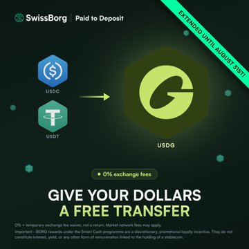 A SwissBorg ad titled "Paid to Deposit" offering 0% exchange fees to convert USDC or USDT into USDA, with the promotion extended until August 31st.