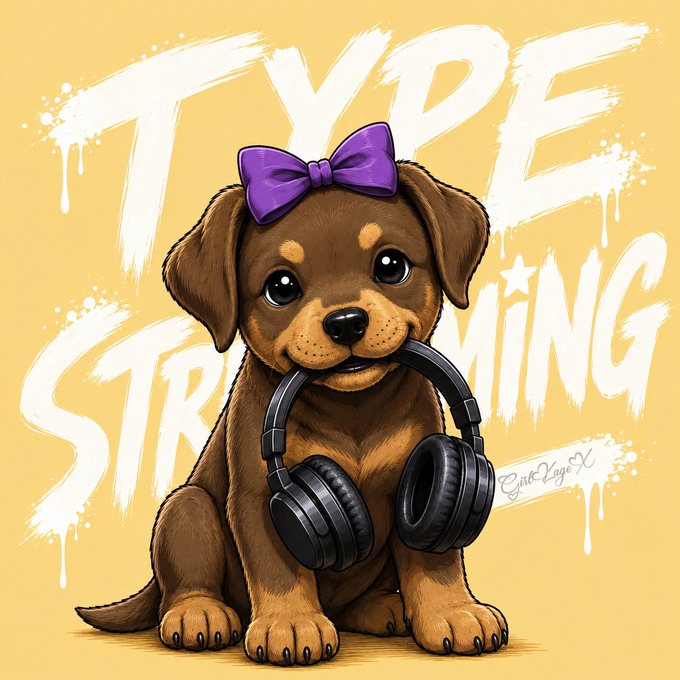 A digital illustration of a brown puppy with a purple bow on its head, wearing black headphones around its neck, set against a yellow background with the words 'TYPE STREAMING' painted in white.