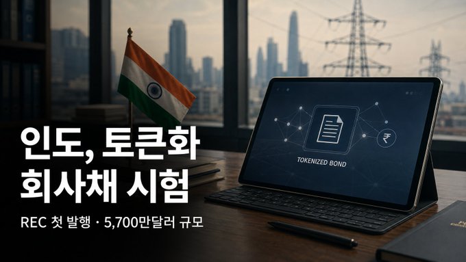 A promotional image showing a tablet displaying 'TOKENIZED BOND' next to an Indian flag, with Korean text reading '인도, 토큰화 회사채 시험' (India, Tokenized Corporate Bond Test) and 'REC 첫 발행 · 5,700만달러 규모' (REC First Issuance · $57 Million Scale).