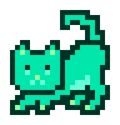 A pixel art image of a teal/green cat with its tail curled upward, rendered in a simple 8-bit style.