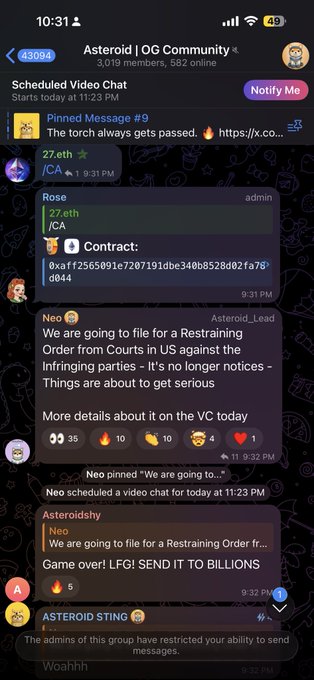 A Telegram chat screenshot from the "Asteroid | OG Community" group shows admin "Neo" announcing plans to file a Restraining Order from courts in the US against infringing parties, with users reacting with mixed engagement (35, 10, 10, 4, 1 emojis) and a contract address displayed at the top. The image relates to the accompanying post's mockery of the community by highlighting their serious legal threats as "a joke and pathetic," contrasting the group's dramatic legal posturing with the poster's dismissive "put the fries in the bag" insult.