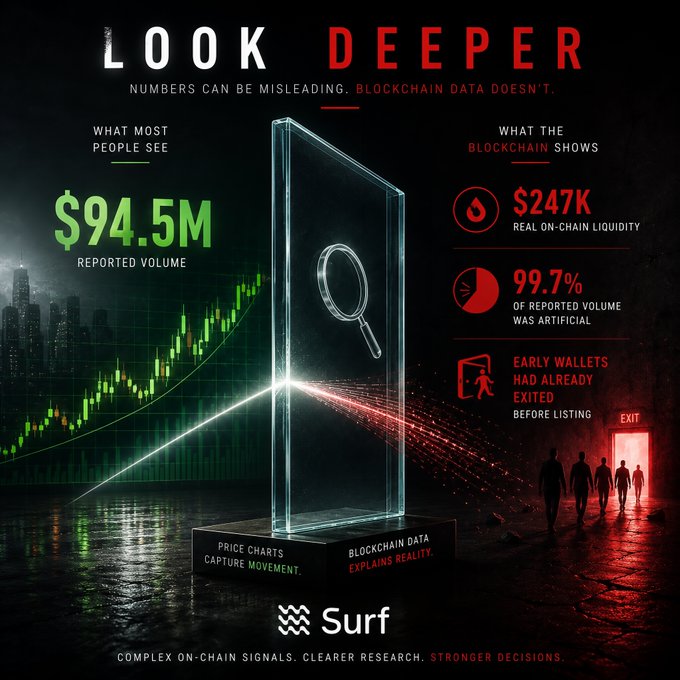 The image is a promotional graphic titled "LOOK DEEPER" by Surf, contrasting surface-level metrics with blockchain data, showing that ARX's reported $94.5M volume was misleading—real on-chain liquidity was only $247K, with 99.7% of volume revealed to be artificial and early wallets exiting before listing. A central glass display featuring a magnifying glass visually represents the message that "Price charts capture movement, blockchain data explains reality."