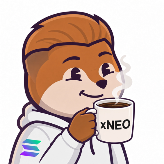 A cartoon illustration of an orange fox-like character wearing a white hoodie with a Solana logo, holding a steaming mug labeled 'xNEO'.