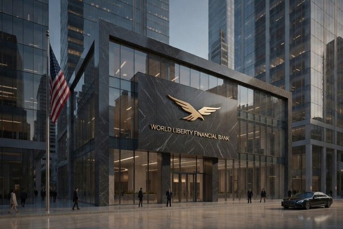The image depicts the sleek, modern exterior of a dark glass and marble building featuring a prominent gold eagle logo and the text "WORLD LIBERTY FINANCIAL BANK," with an American flag out front—visually reinforcing the announcement of receiving conditional OCC approval to establish World Liberty Trust Company, N.A. as a federally chartered national bank for issuing and custodying the USD1 stablecoin.