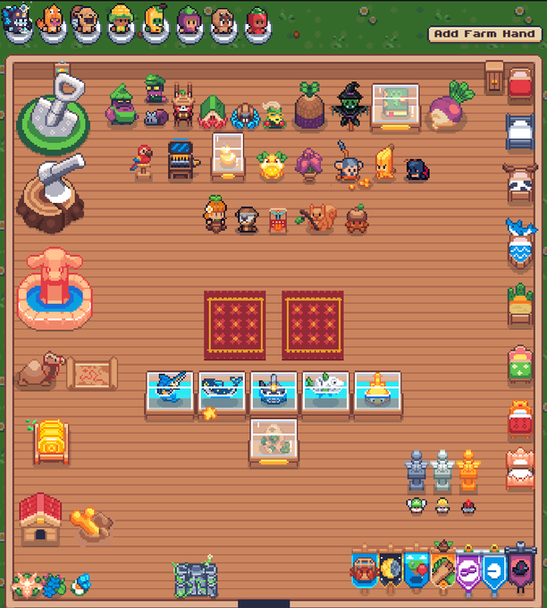 A pixel-art farming game screen showing various characters, items, crops, and decorations arranged on a wooden grid, with an 'Add Farm Hand' button in the top right.