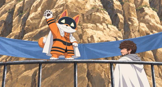 An anime scene featuring an anthropomorphic cat character in an orange tiger-striped outfit waving, standing on a railing next to a bearded man in a white cloak.