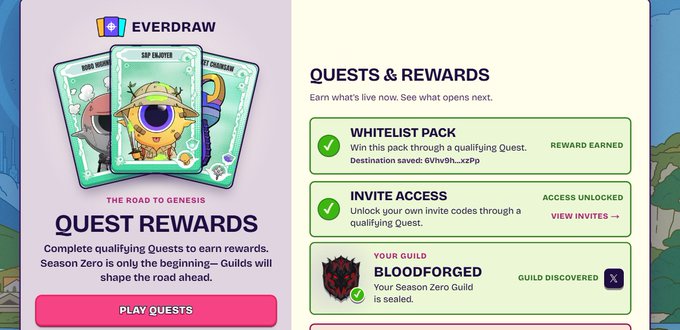 An Everdraw promotional screenshot shows a 'Quest Rewards' interface with three cards (Intro Voyager, EoF Sailor, EoF Challenger) and a 'Quests & Rewards' panel listing 'Whitelist Pack' (Reward Earned), 'Invite Access' (Access Unlocked), and 'Bloodforged' guild (Guild Discovered).