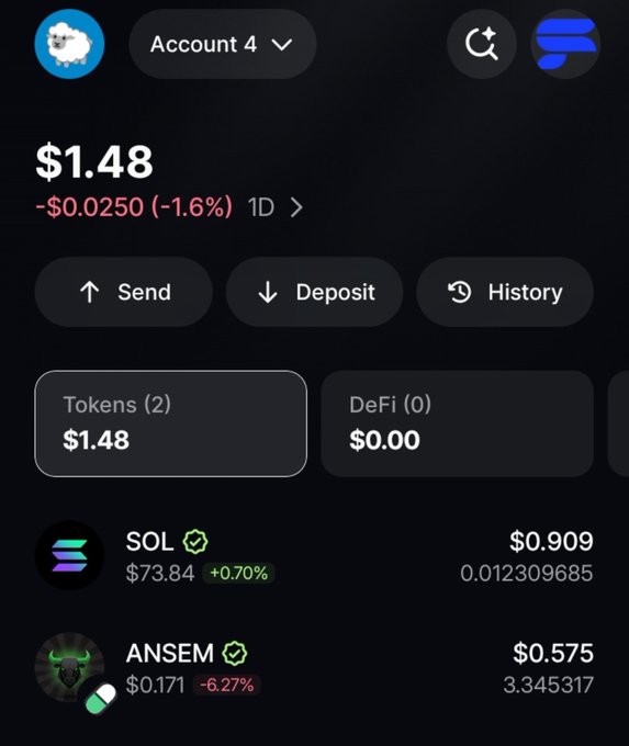 Crypto wallet screenshot showing Account 4 with $1.48 balance, displaying Tokens including SOL ($0.909, +0.70%) and ANSEM ($0.575, -6.27%), with Send, Deposit, and History options.