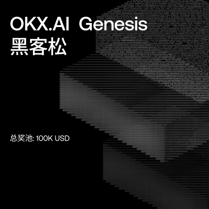 The image is a dark promotional graphic for the "OKX.AI Genesis 黑客松" (Hackathon), featuring a stylized abstract digital/tech design and noting a total prize pool of "100K USD," which aligns with the post's announcement of the $100,000 hackathon challenge to build a usable Agent Service Provider for OKX.AI.