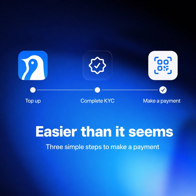A sleek blue interface illustrates Antarctic Wallet's three-step payment process with icons for "Top up," "Complete KYC," and "Make a payment" (marked complete), under the headline "Easier than it seems - Three simple steps to make a payment," visually reinforcing the post's message about the wallet's simple and user-friendly payment experience.