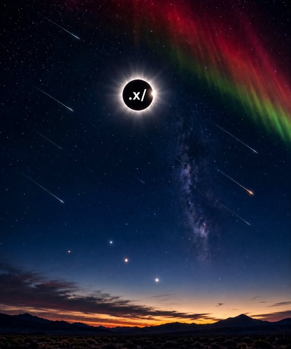 A space-themed digital artwork showing a solar eclipse with the "x/" X/Twitter logo replacing the sun, set against a starry night sky with auroras, shooting stars, and the Milky Way.