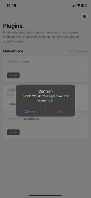 A mobile app 'Plugins' screen showing a marketplace with Aave, Solana (World), and Hyperliquid, featuring a confirmation dialog asking 'Disable World? Your agents will lose access to it.' with Cancel and OK buttons.