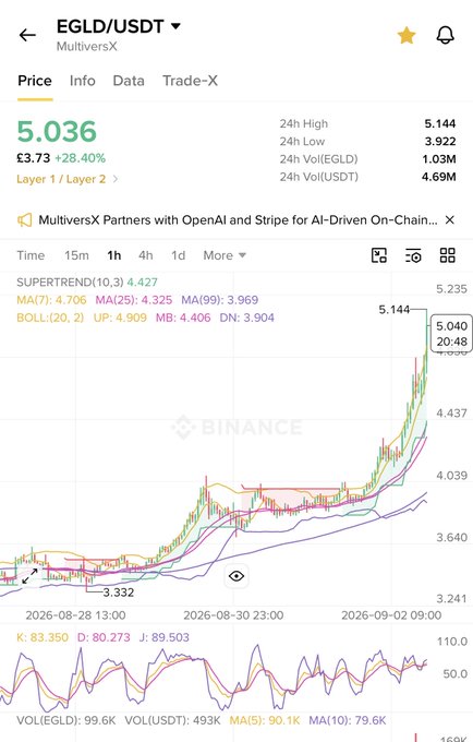 Binance price chart for EGLD/USDT showing a current price of 5.036 (£3.73, +28.40%), with a 24h high of 5.144 and low of 3.922.