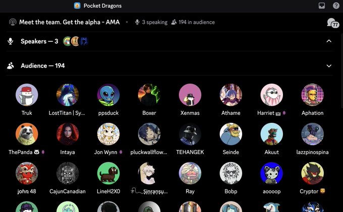 A Twitter Spaces audio room for 'Pocket Dragons' titled 'Meet the team. Get the alpha - AMA', showing 194 audience members with various profile pictures.