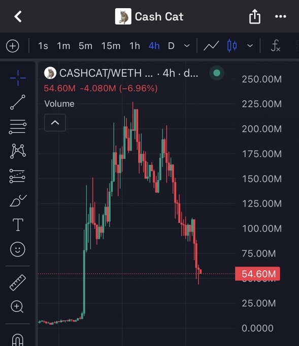 A TradingView chart of CASHCAT/WETH on the 4-hour timeframe shows the token's price crashing from a peak near 225.00M down to 54.60M, down 6.96% on the current candle—visually illustrating the post's lament about buying the dip on a token that has clearly collapsed from its highs and left the trader "cooked."