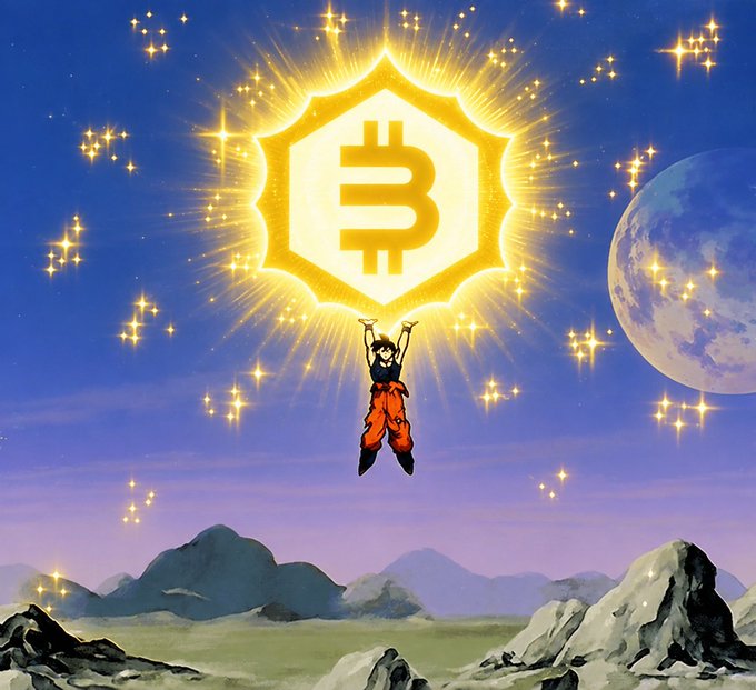 An anime illustration of a character in orange clothing floating upward toward a glowing golden Bitcoin sun symbol against a starry sky with a planet and mountains below.