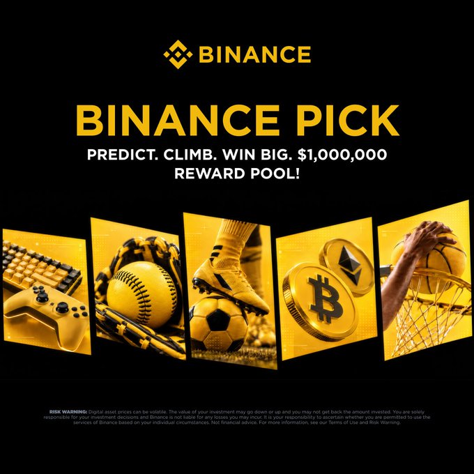 A Binance promotional banner for "Binance Pick" featuring the tagline "PREDICT. CLIMB. WIN BIG. $1,000,000 REWARD POOL!" displayed in bold yellow text against a black background, accompanied by five panels showing images of a gaming controller, baseball, soccer, Bitcoin/Ethereum coins, and a basketball—symbolizing the prediction categories available in the contest.