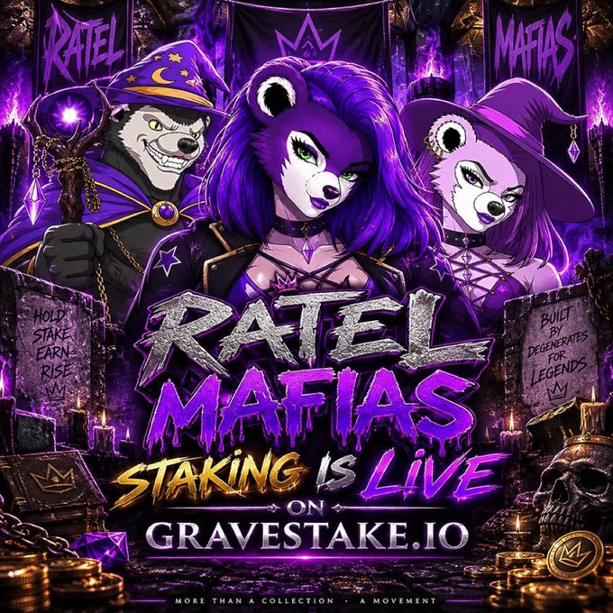 A promotional graphic for 'RATEL MAFIAS' features anthropomorphic bear characters in purple wizard attire with text reading 'STAKING IS LIVE ON GRAVESTAKE.IO' and 'MORE THAN A COLLECTION - A MOVEMENT'.