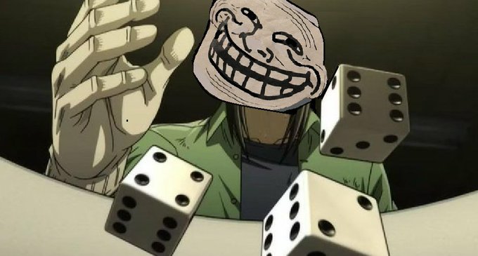 An anime-style illustration of a troll character with a grinning face mask throwing white dice across a table.