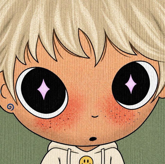 A cute chibi-style character with large sparkling pink-star eyes, freckles, and a blue spiral earring appears in a watercolor-textured illustration, likely used to attract attention to the ARTMATES GTD form announcement posted alongside it.