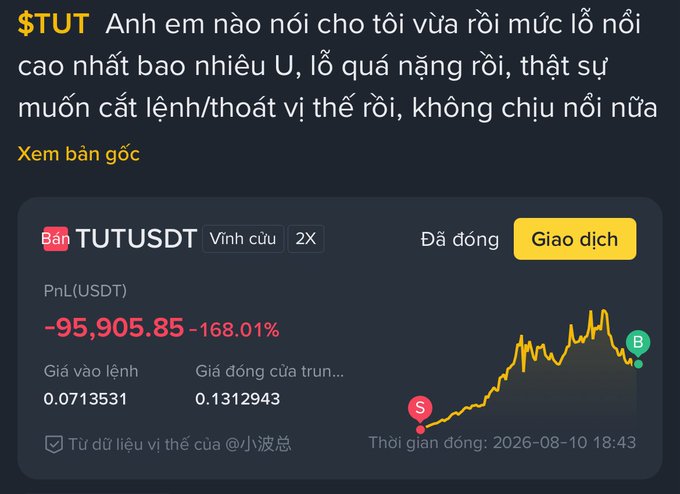 A Vietnamese Binance PnL screenshot showing a massive loss of -95,905.85 (-168.01%) on TUTUSDT, with the user's text expressing frustration about wanting to exit their position.