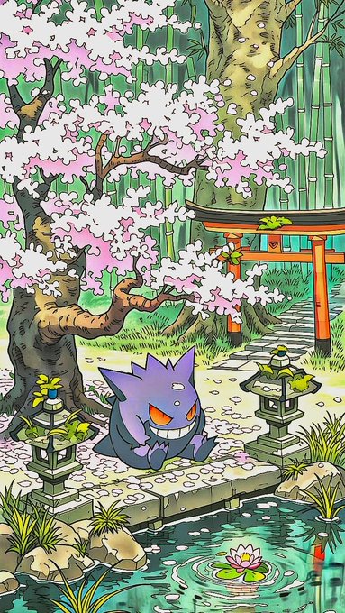 Stylized illustration of Gengar sitting by a Japanese torii gate, cherry blossom tree, and pond with lily pads.