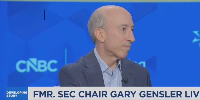 A CNBC interview with former SEC Chair Gary Gensler, as indicated by the on-screen text 'FMR. SEC CHAIR GARY GENSLER LIVE'.