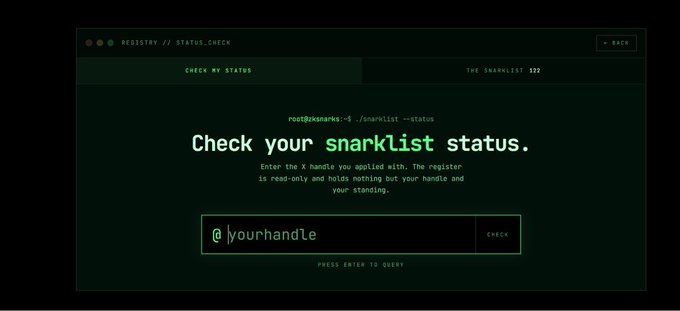 A dark-themed terminal interface titled 'REGISTRY // STATUS_CHECK' displaying 'Check your snarklist status' with an input field for '@yourhandle' and terminal command 'root@ksmarks:~$ ./snarklist --status'.