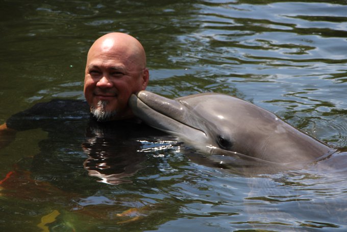 A smiling man with a goatee shares an affectionate moment with a dolphin in the water, capturing the carefree joy described in the post about being "kissed by a dolphin."