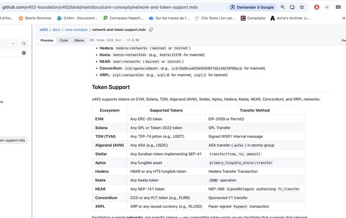 The image shows a GitHub documentation page for the x402 protocol detailing token support across various ecosystems, including Solana, TON, Algorand (AVM), Stellar, Aptos, Hedera, Keeta, NEAR, Concordium, and XRPL—relevant to the post's claim that $XNO (Nano) is being integrated through x402, connecting to Coinbase's infrastructure.