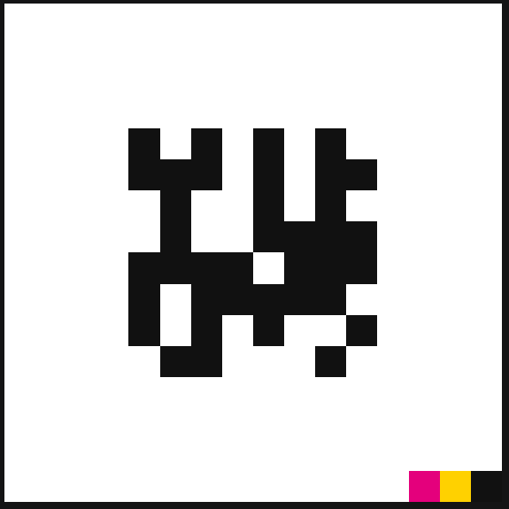 A minimalist, pixelated black-and-white abstract logo or avatar with a small color palette of magenta, yellow, and black squares in the bottom right corner.