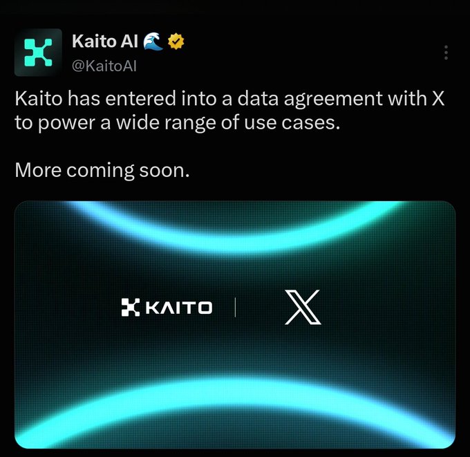 A tweet from Kaito AI (@KaitoAI) announcing a data agreement with X, featuring a graphic with both the Kaito and X logos against a teal background.